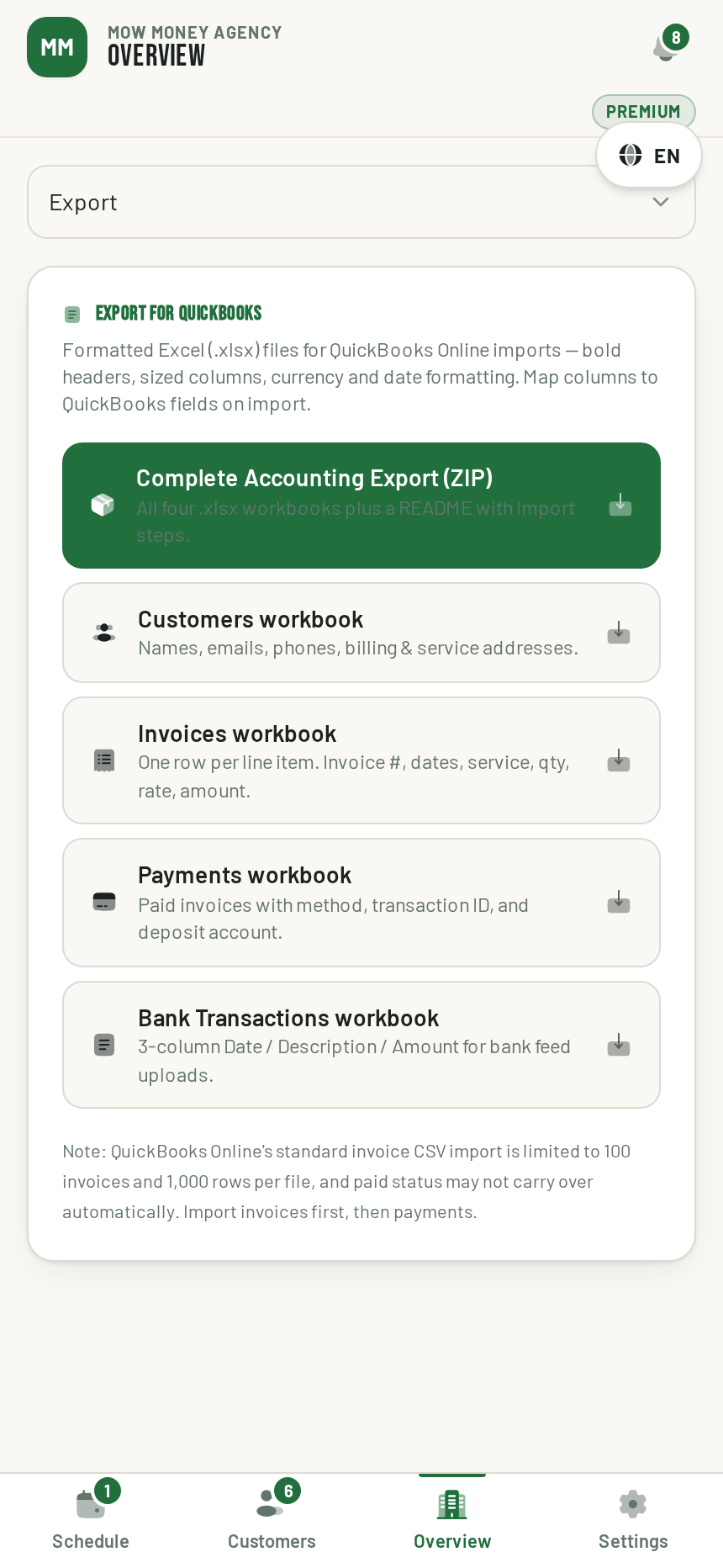 QuickBooks export screen with a ZIP download and four workbooks