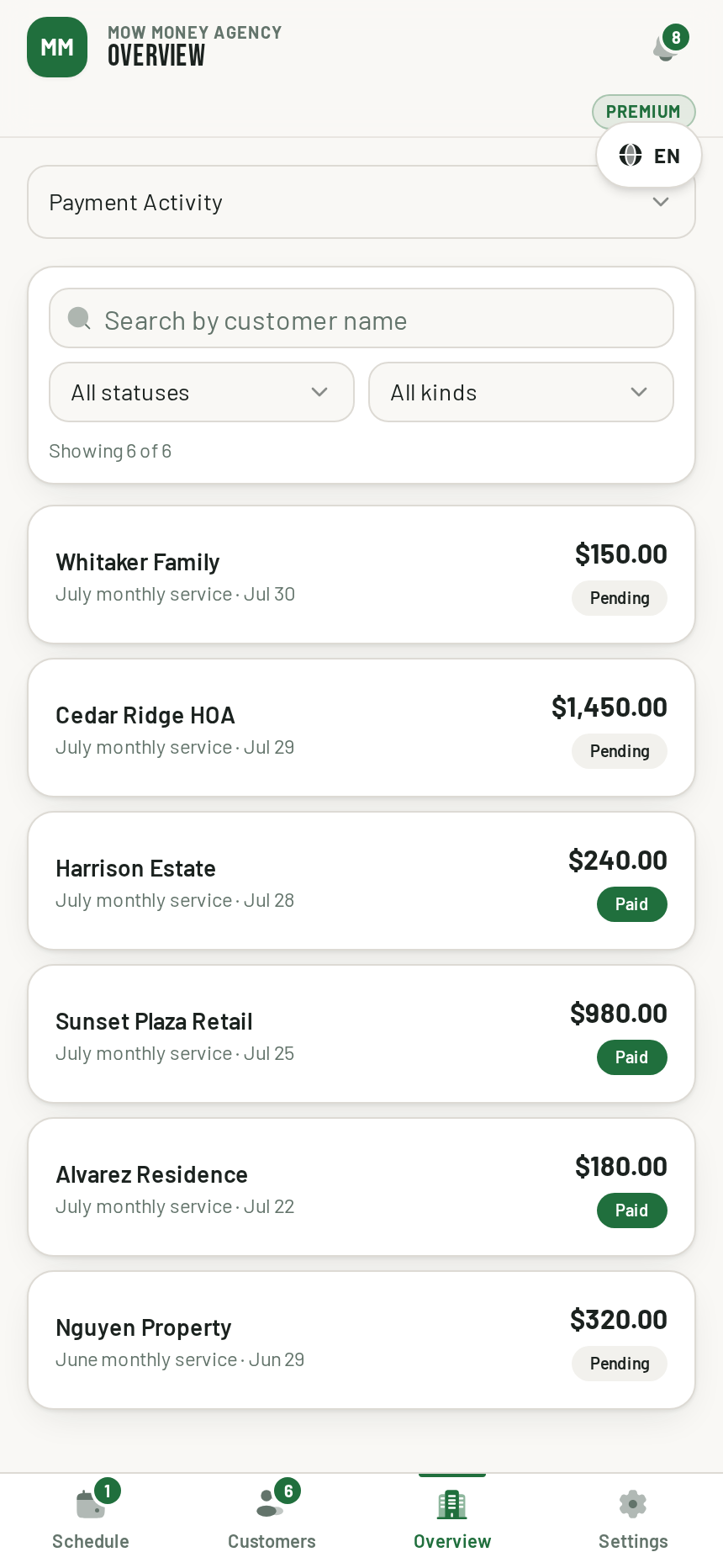 MOW Money payment activity list with paid and pending badges